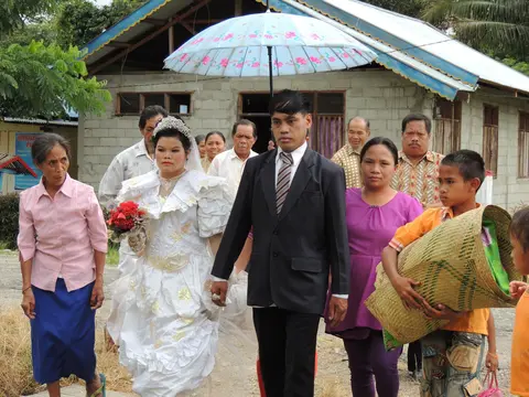 Walking from the church to village hall